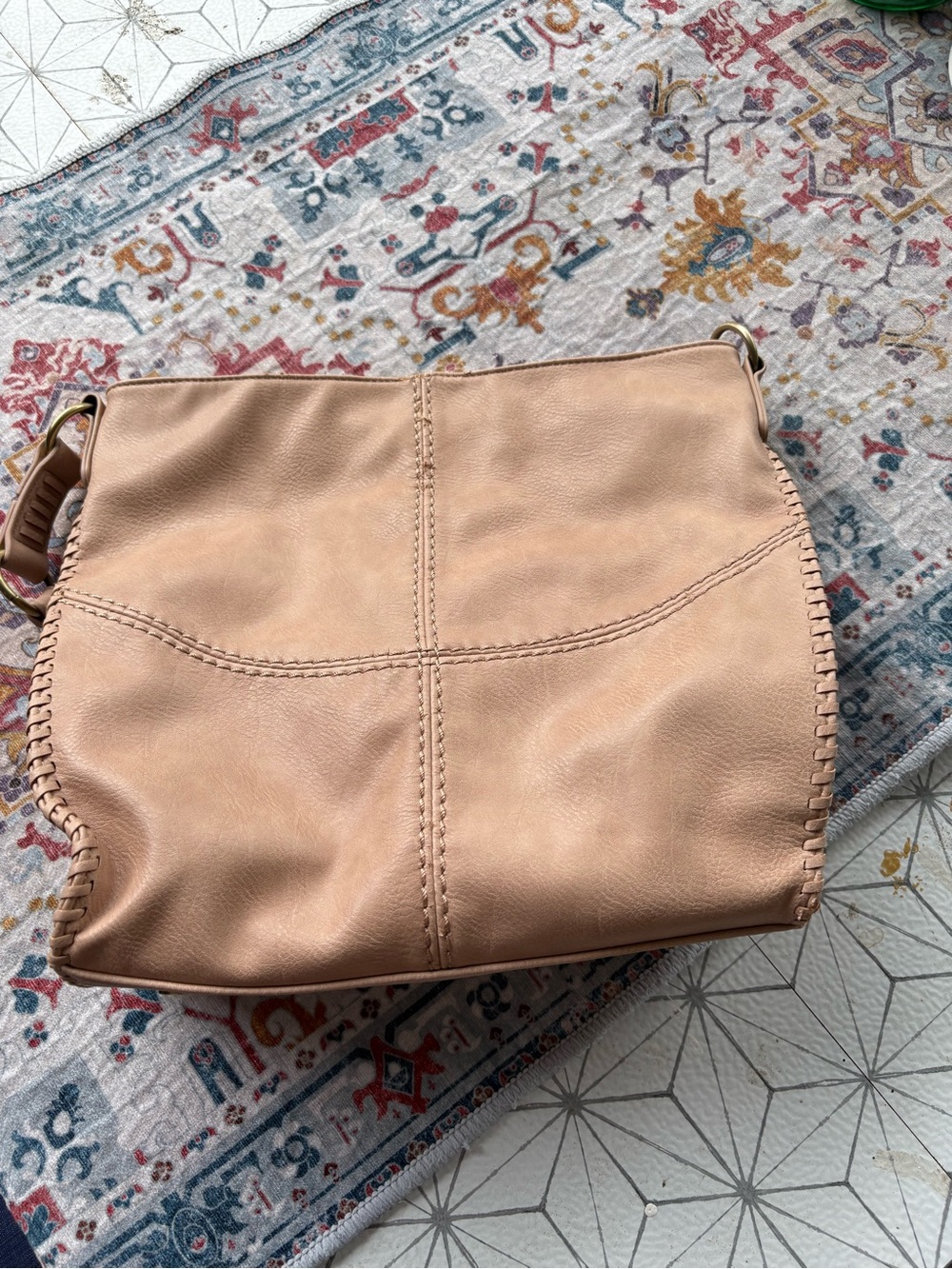 Vegan Antik Kraft shoulder Bag in Light Tan with silk-like material inside.